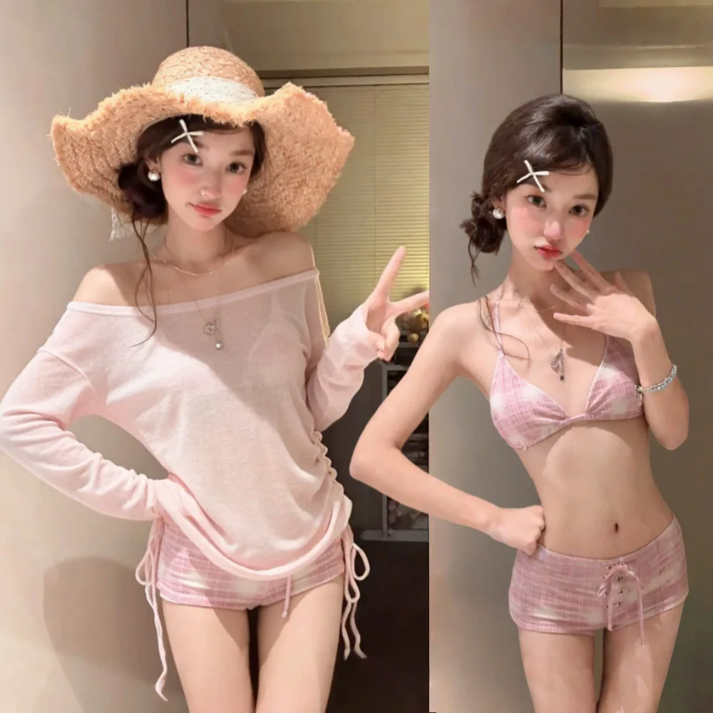 Pink Cute Style Women's Bikini Set Plaid Separate-piece Swimsuit One-shoulder Long-sleeved Sun Protection Blouse Swimwear