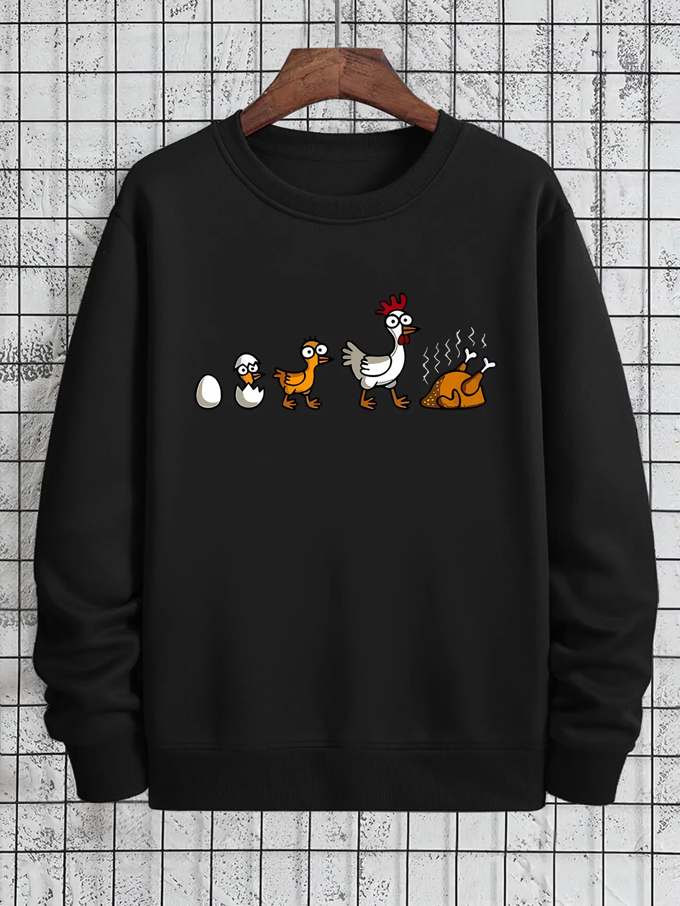 

Интересный узор с принтом «эгги превращаются в курицу», обычная толстовка с круглым вырезом для мужских модных тенденций.