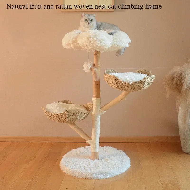 Solid Wood Cats Climbing Frame and Cat Nest Integrated Weaving Cat Tree Luxury Villa Cats Jumping Platform Natural Pet Nest Toys