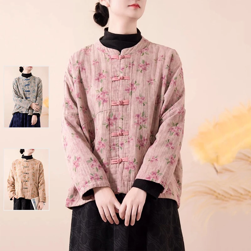 

Chic Floral Print Cotton Linen ort Jaet for Middle-Aged Women Long Sve Loose Fit Spring Autumn Chinese Sle Top