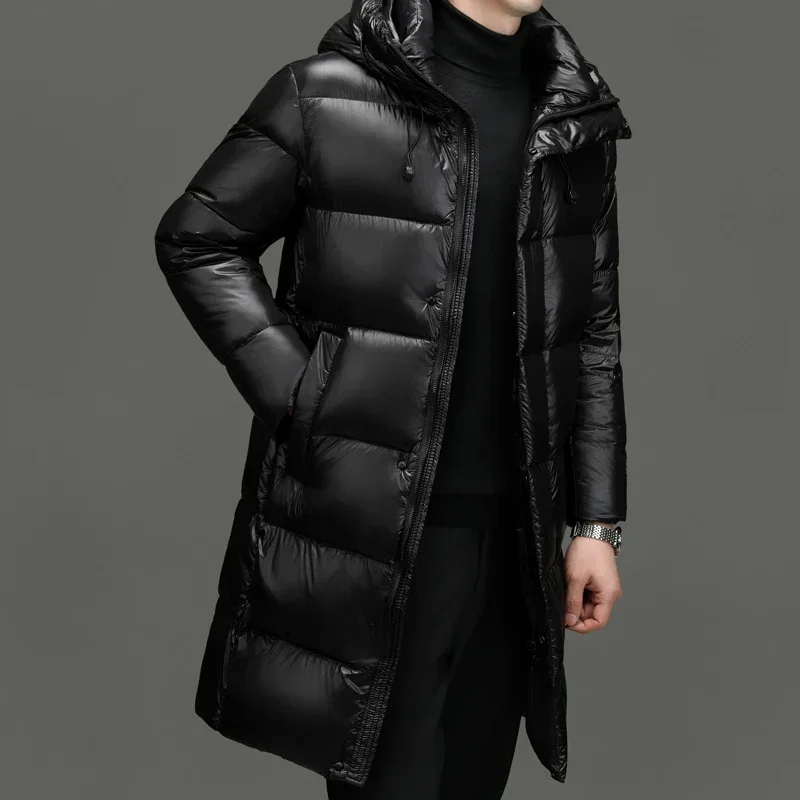 Men's Winter Down Jacket Goose Down Hooded Black and Gold Mid-length Coat Thick Warm Casual Clothing Waterproof Top Jack