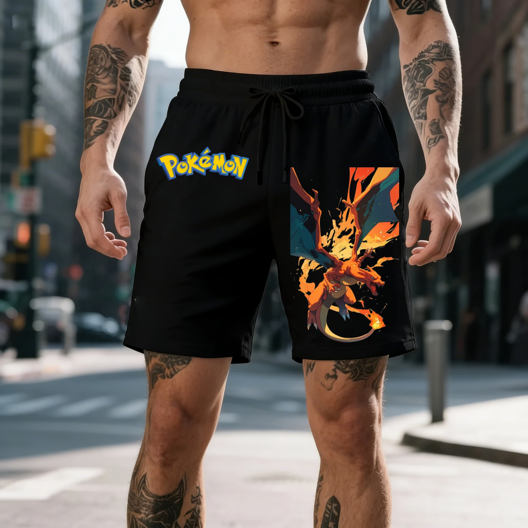 

Летние шорты с изображением покемона Чаризарда для мужчин и женщин, повседневные, в уличном стиле, быстросохнущие, дышащие, для спортзала, спорта и активного отдыха, бриджи до колен