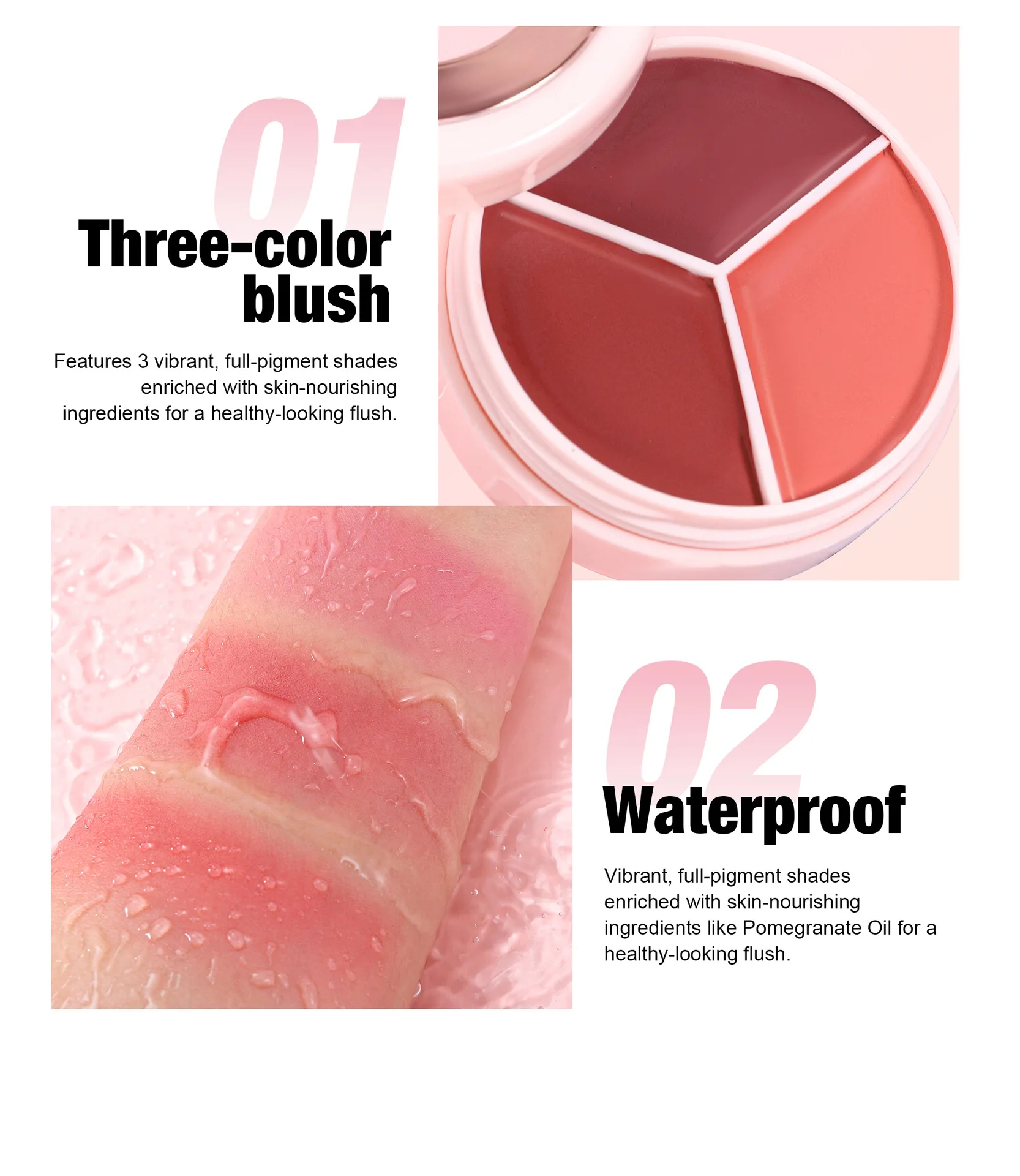 Flüssiges Gesichtsrouge, 3-farbig, vielseitig einsetzbar, mattes Rouge, Creme, Highlight-Lippenrouge, 3-in-1, wasserfest, natürlich, seidig, hochpigmentiertes Make-up