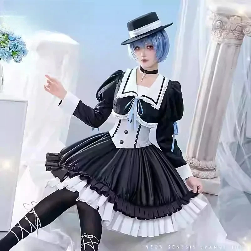 

Ayanami Rei Anime EVA New Cosplay Costume Halloween Party Sweet Lolita dress hat socks necklace prop set men women uniforms