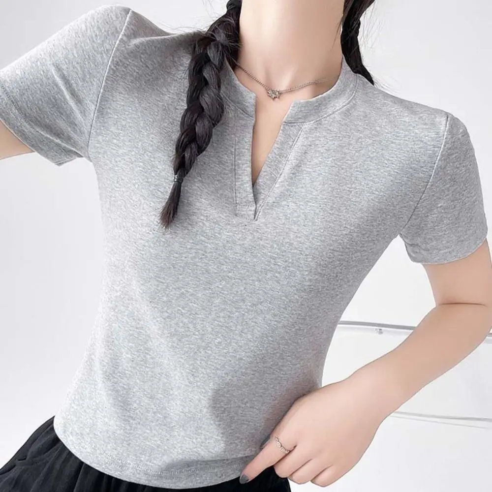 

Fashion V-neck Short Sleeve Top Simple Y2K Summer T-shirt Chic Pullover Solid Color Tees Shirt Summer