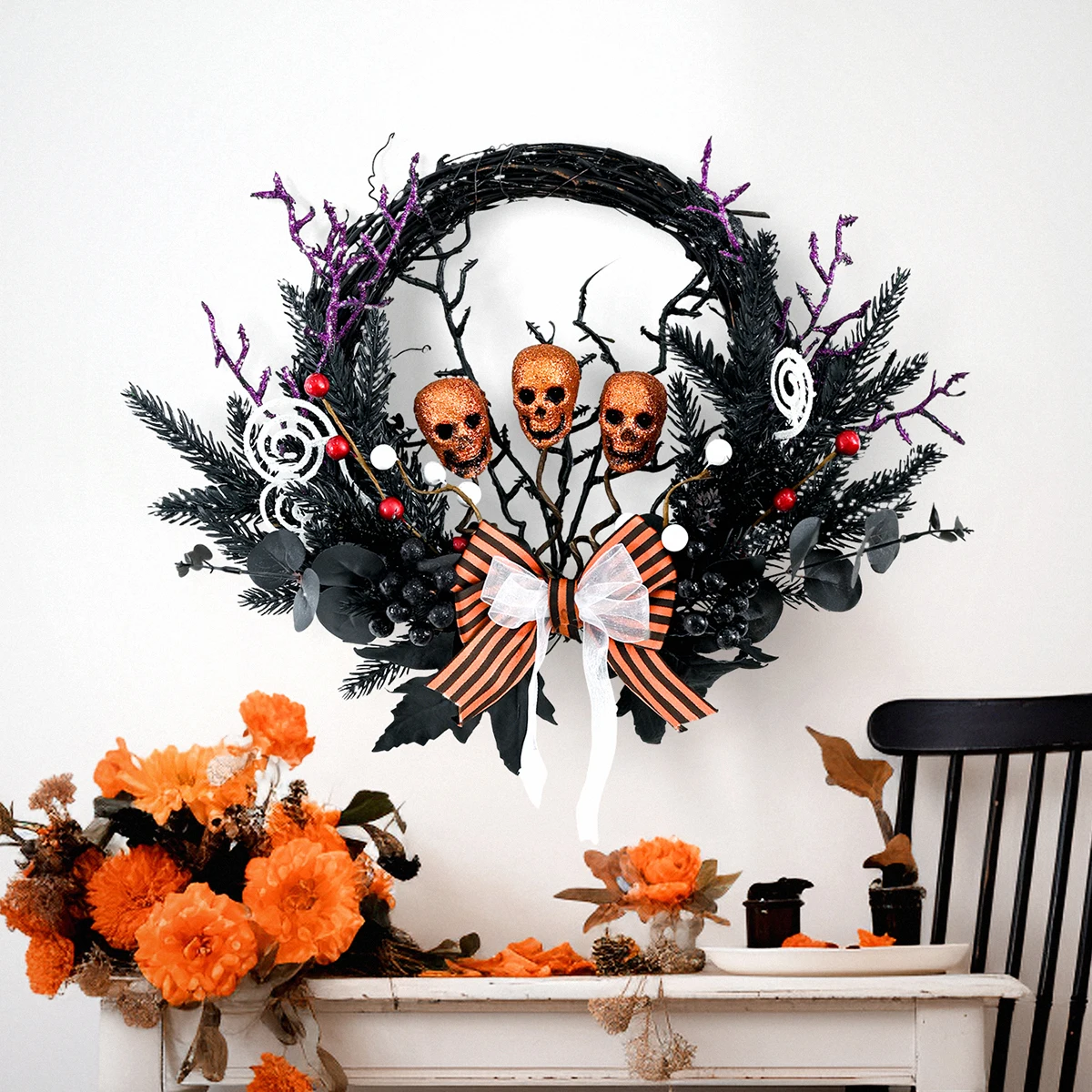

Halloween Decoration Vine Ring Wreath Skeleton Garland Home Decor Indoor Outdoor Oangment Door Hanging Props Halloween wreath ﻿