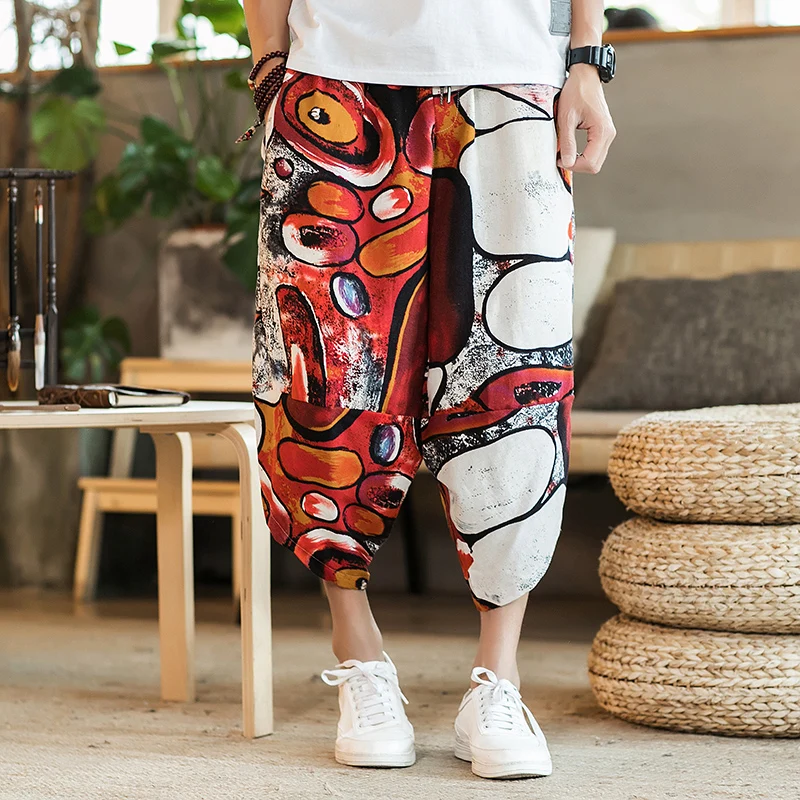 Harajuku Summer Loose Calf Length Casual Pants Men Wide Leg Cotton Linen Printing Baggy Pants Oversize Men's Trousers