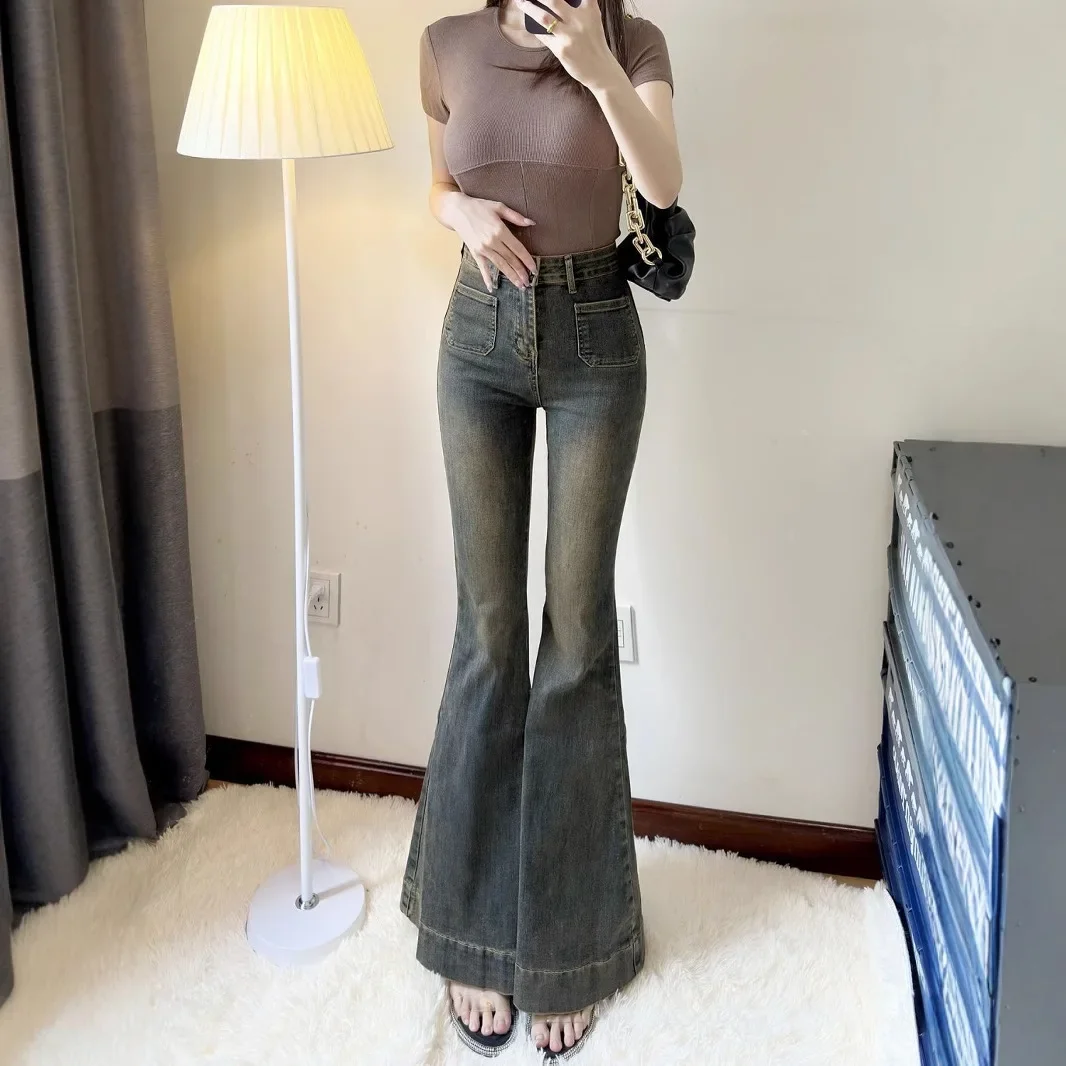 المرأة خمر عالية الخصر جرس أسفل الجينز النساء ربيع الخريف الرجعية غسلها سليم نحيل الدينيم السراويل الشارع الشهير بناطيل كاجوال