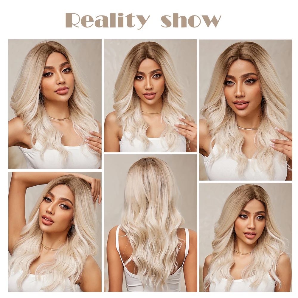 Light Platinum Blonde Synthetic Lace Wigs Long Body Wave T Part Lace Wigs with Dark Roots for Women Daily Cosplay Heat Resistant