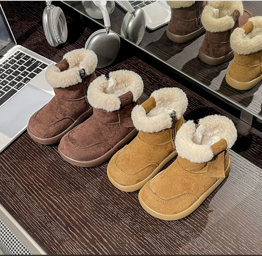 2026 Children Suede Fabric Snow Boots Leisure Thick Fur Winter Kids Short Boot Unisex Retro Boys Girls Kids Outdoor Cotton Shoes