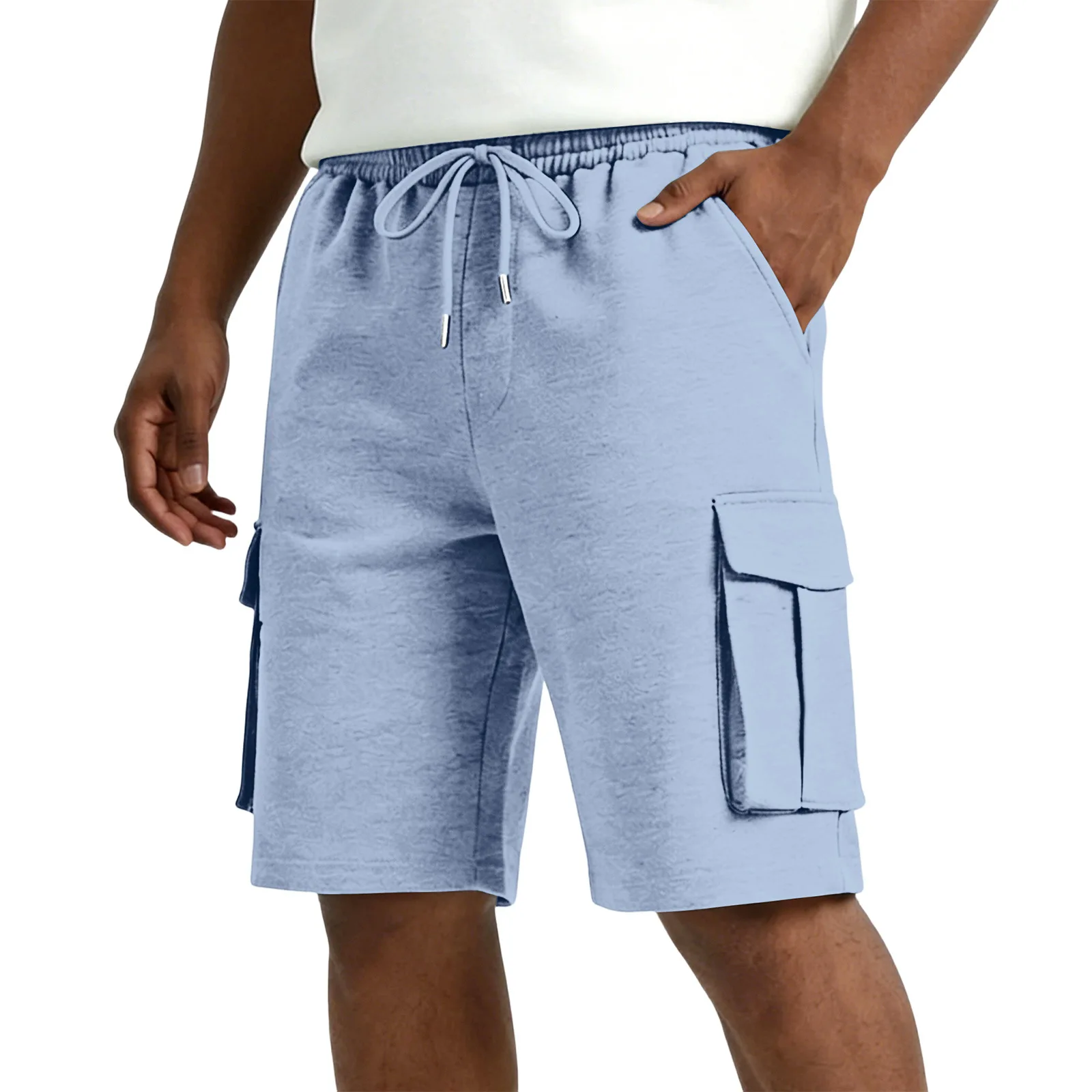 New Summer Men's Solid Color Casual Shorts Multi-Pocket Loose Jogging Safari Style Knee Length Pants Men Drawstring Beach Shorts
