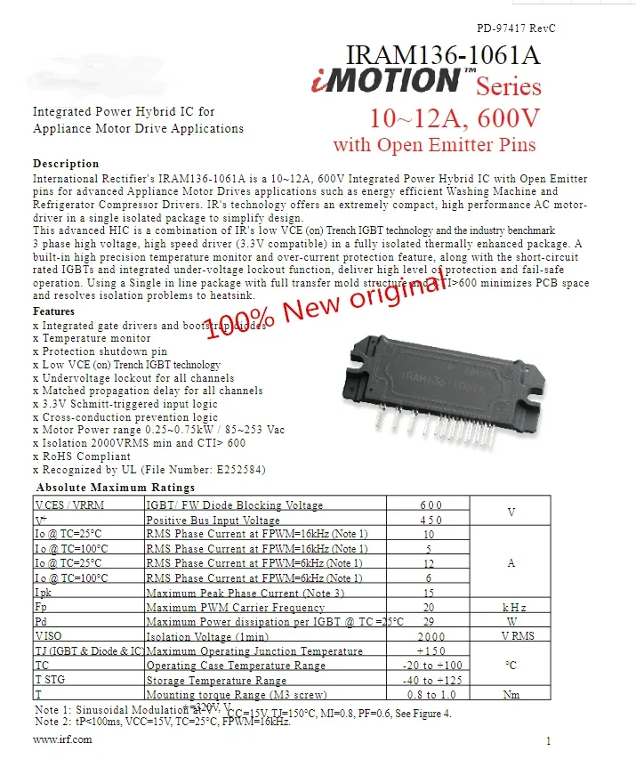 2 PIÈCES IRAM136-1061A2 IRAM136 D'alimentation Intégré IC Hybride pour Appareil Applications D'entraînement de Moteur 600V, 10-12A 100% Nouveau original