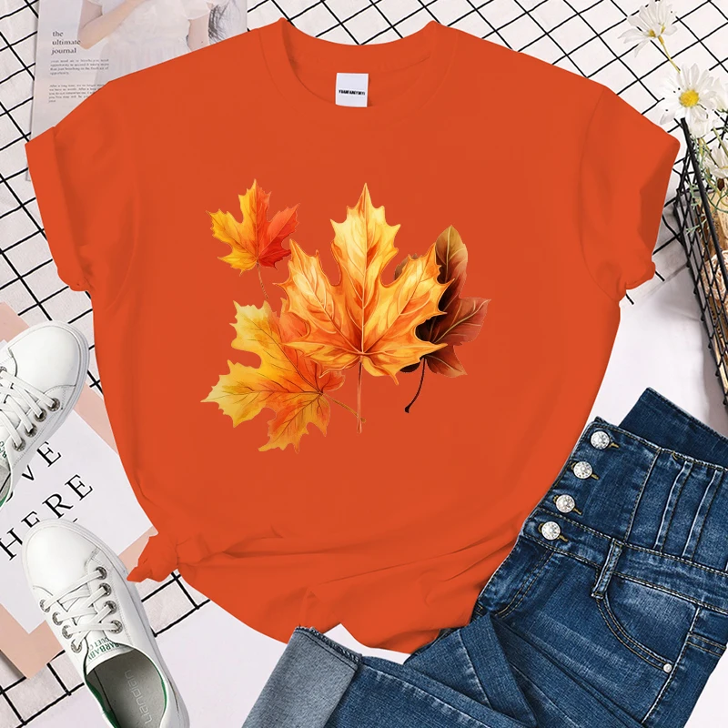 (Premium T-shirt)Fall Maple Leaf Print T-Shirts For Women Summer Funny Round Neck Short Sleeve Casual T-Shirts