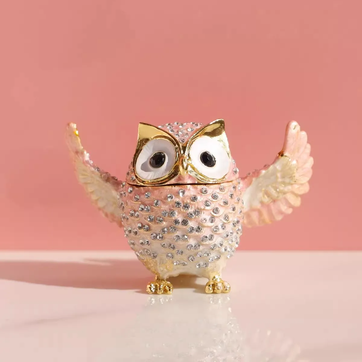 Cute Big Eyes Owl Holding Pink Bouquet Trinket Box with Hinged Classic Animal Ornaments Unique Gift for Family