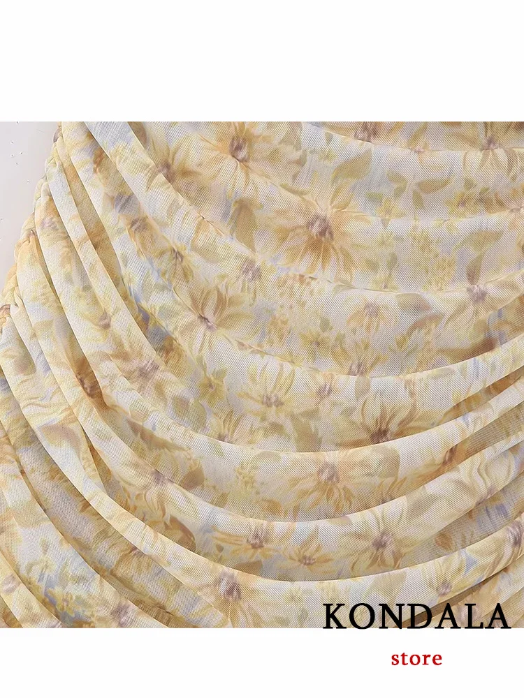 KONDALA Vintage Chiffon Flower Cami Women Dress Square Collar Front Split Folds Slim Long Vestidos Fashion 2023 Summer Dress