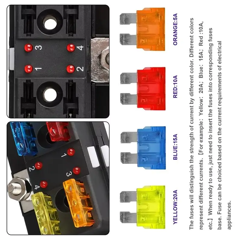 4-Way Blade Fuse Block with Protective Plastic Cover - 12V/32V Fuse Box with LED Indicator Suitable for Auto Car and Marine Use