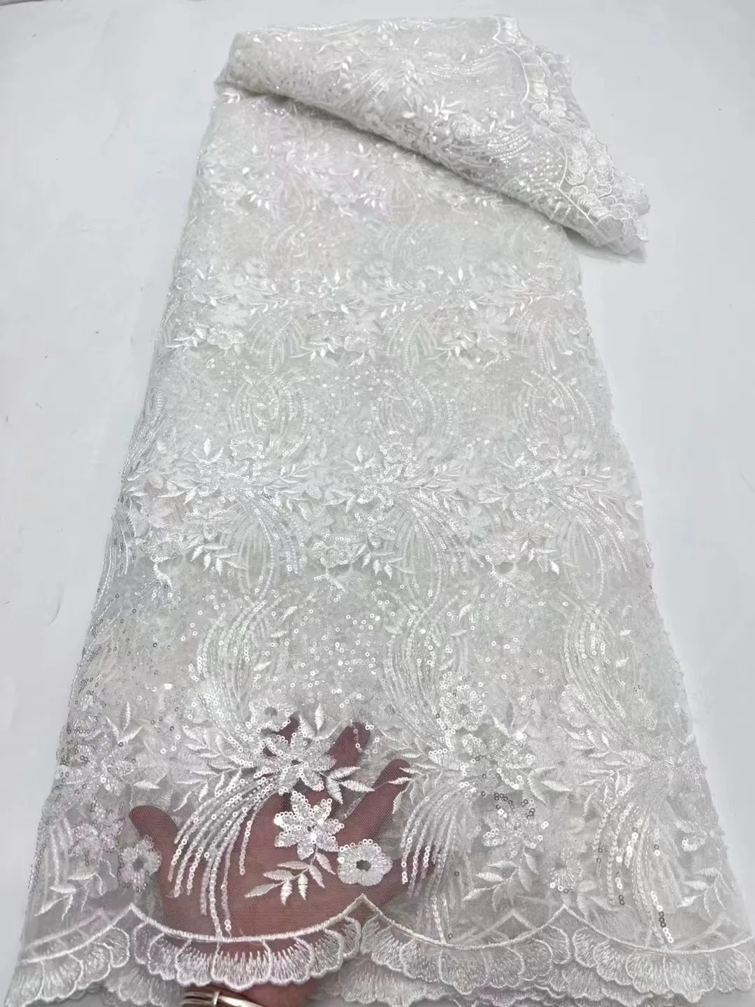 African Sequins Lace Fabric 2024 White High Quality Handmade Beaded Nigerian French Tulle Beads Lace Material For Wedding Dress