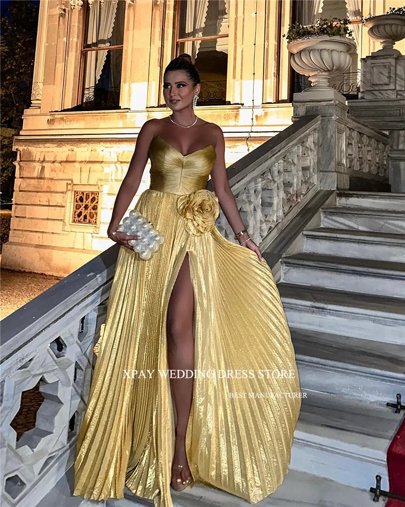 XPAY Sexy Sweetheart Gold Evening Dresses Women Dubai Celebrity Dress Long Sweetheart 3D Flowers Split Shiny Prom Gowns Party