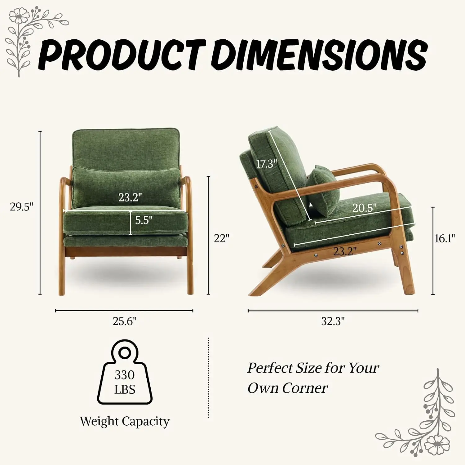 Mid-Century Modern Accent Reading Chair, Olive Green | Chenille Upholstered, Solid Wood Frame, Soft Cushion, Lumbar, Customized