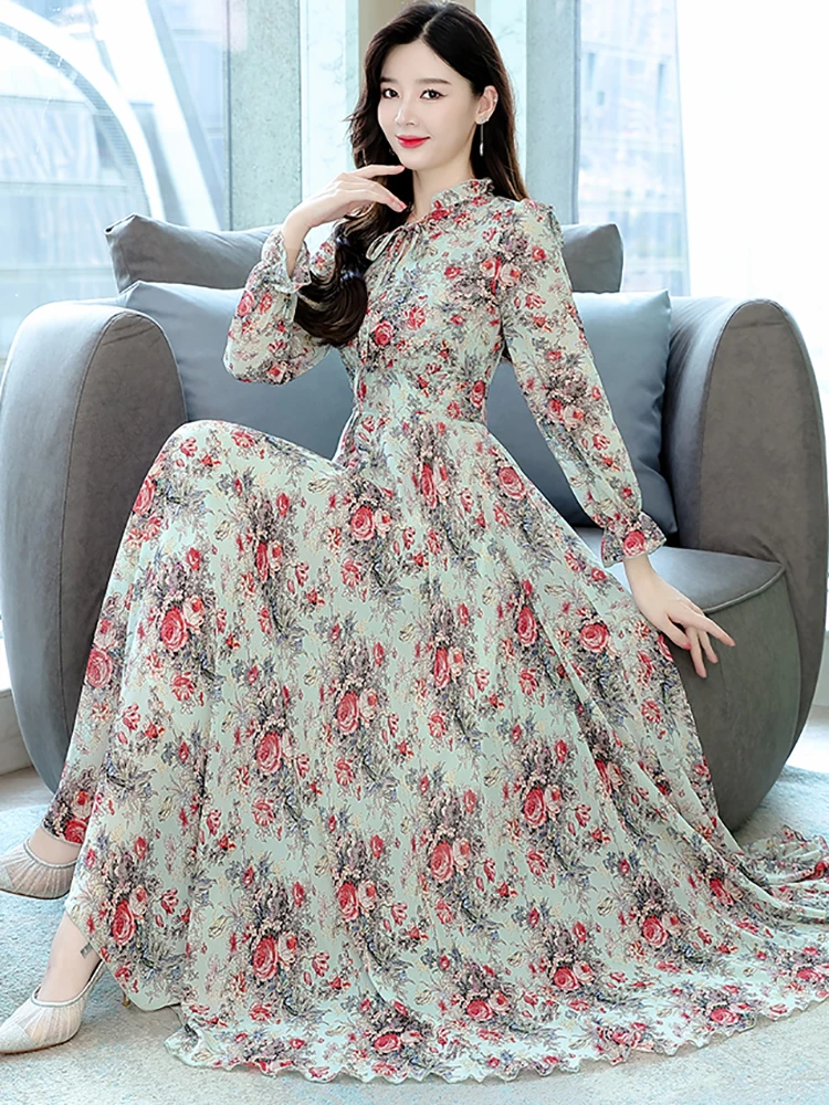 Spring Autumn Floral Chiffon Ruffled Collar Maxi Dress Women Chic Casual Beach Dresses 2024 Elegant Bodycon Party Night Vestidos