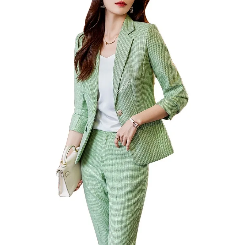 2024 Pink Apricot Green Blue Office Ladies Pant Suit Solid Formal 2 Piece Set Women Business Work Wear Slim Jacket And Trouser