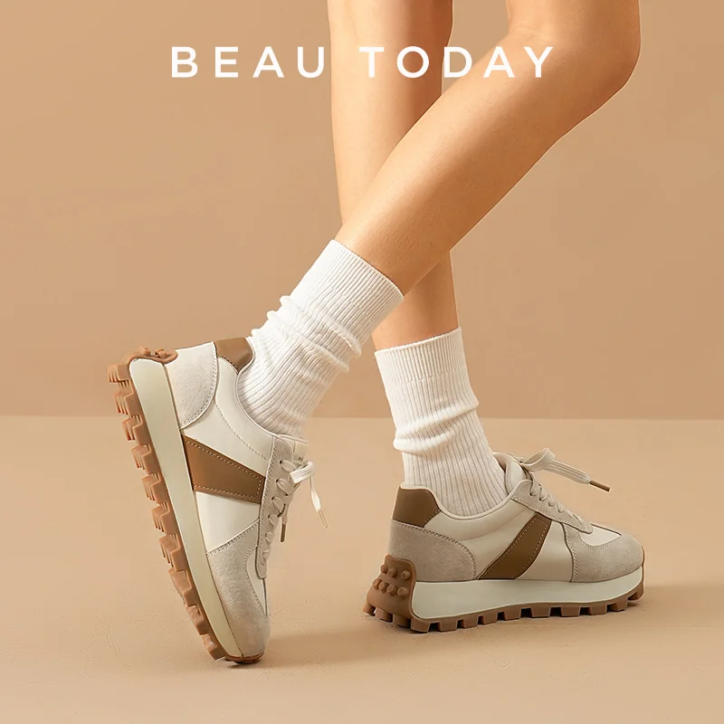 BEAUTODAY Sneakers Women Pig Suede Leather Fabric Mixed Colors Lace-Up Trainers Ladies Casual Shoes Handmade 29576