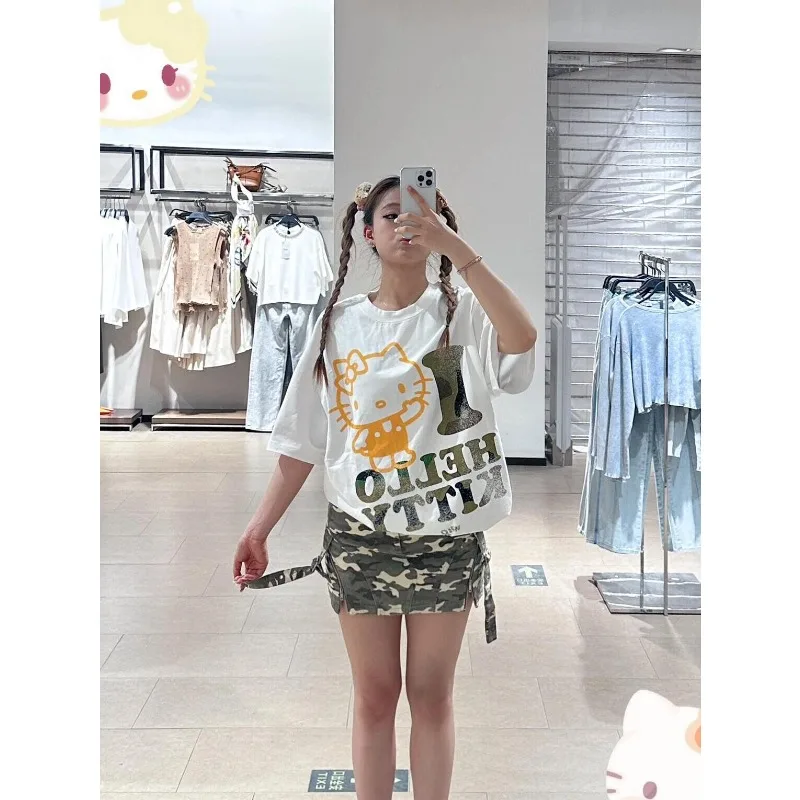 مريحة التجفيف السريع التمويه مرحبا كيتي ثلاثية الأبعاد تي شيرت مطبوع ، الخريف والشتاء المرأة بلوزة فضفاضة غير رسمية ، هدية الفتاة