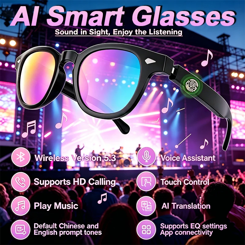 

Новые умные очки с ИИ, сенсорным управлением, многоязычным переводчиком, Bluetooth, беспроводными звонками, голосовым помощником, для мужчин и женщин, музыкальные солнцезащитные очки
