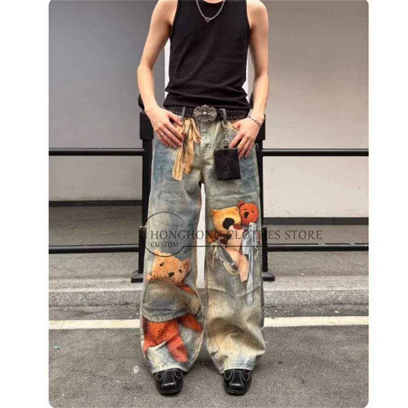 Pantalones vaqueros estilo americano vintage con estampado de oso, lavados y desgastados - pantalones de pierna ancha holgados y modernos para hombre y mujer