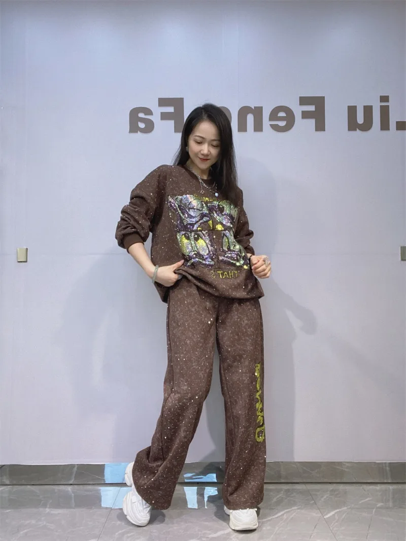 Rhinestone O-Neck Pullover Drop Shoulder Sweatshirt Trousers 2 Piece Set Set Women's Casual Long Sleeves Top Straight Pants Suit