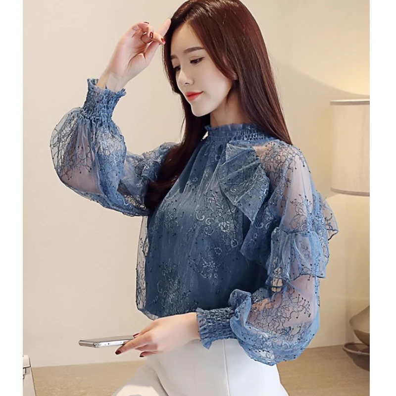 

Half High Collar Women Shirt 2026 Spring Summer Lace Blouse Korean Fashion Butterfly Sleeve Ruffles Tops