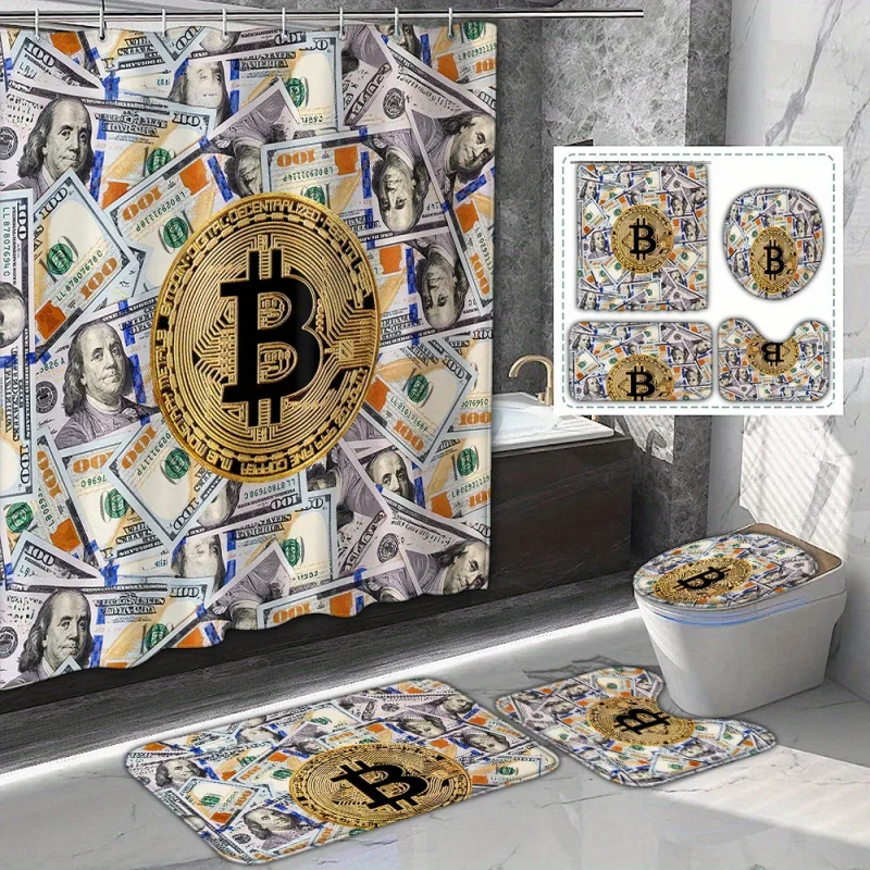 1/4pcs Bitcoin & US Dollar Bathroom Set, Polyester Waterproof Shower Curtain, 180.34x180.34cm With 12 Hooks, Currency Print Bath