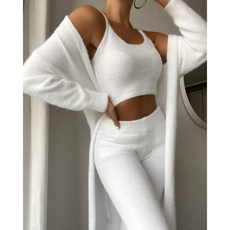 Autumn And Winter Knitted Plush Comfortable Women\'s Suit Sexy V-neck Short Crop Top Cardigan Sweater Trousers Three-piece Set