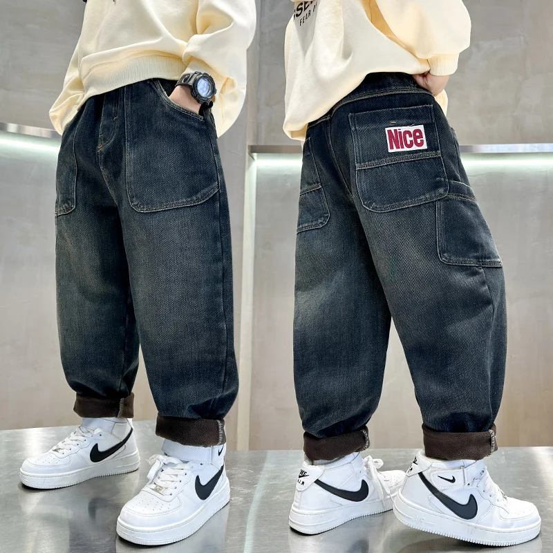 Legal inverno grande menino calças de brim térmicas alta rua isolado calças jeans crianças retro azul quente calças jeans baggy para crianças