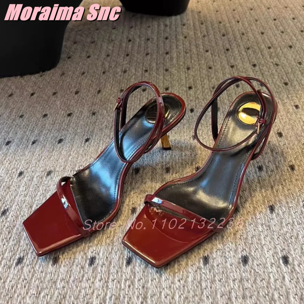

Sexy Burgundy Square Toe Sandals Patent Leather Ankle Buckle Strap Stiletto High Heel Fashion Women's Summer Shoes Banquet 2025