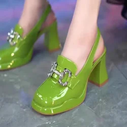 Zapatos de tacón alto con plataforma gruesa para mujer, calzado de charol de lujo con diseño de diamantes de imitación y correas en el tobillo para fiesta, Verano