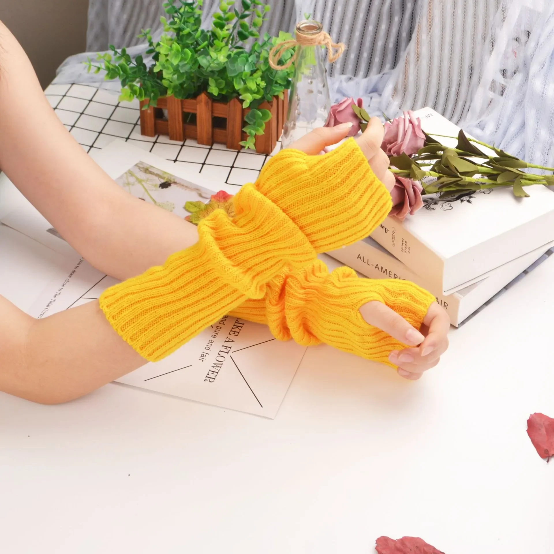 Women Long Fingerless Gloves Knitted Mittens Winter Arm Warmer Punk Gothic DIY Knitting Glove Y2K Girls Solid Gloves Arm Sleeves