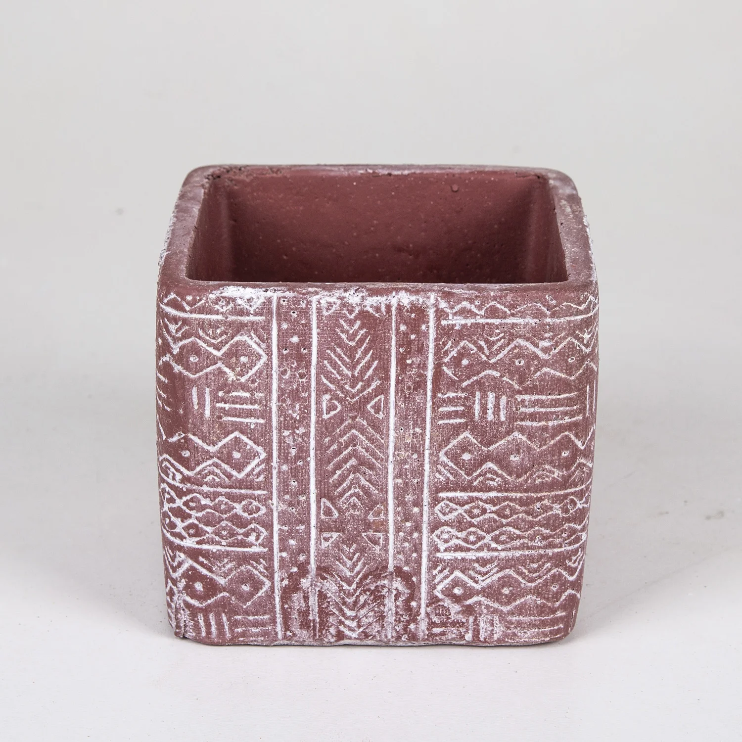 Ethnic patterned burgundy square concrete flower pot 13x11,5 Cm