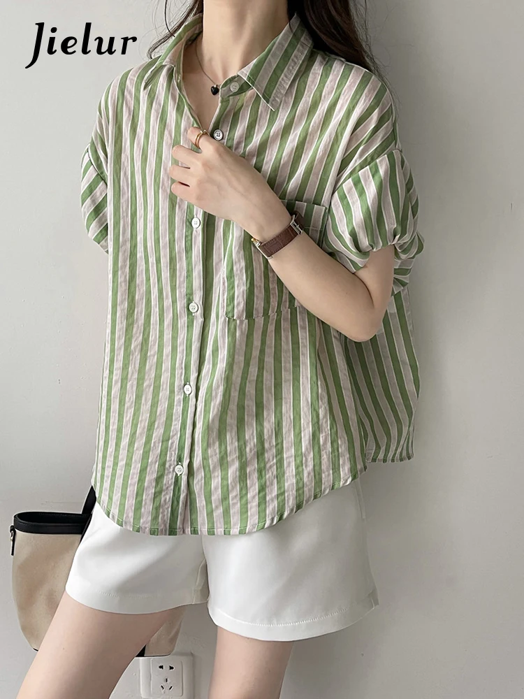 Jielur Striped Spell Color Polo Women's Shirts Summer Lantern Sleeve Single Breasted Simple Loose Chic Fashion Ins Female Shirts