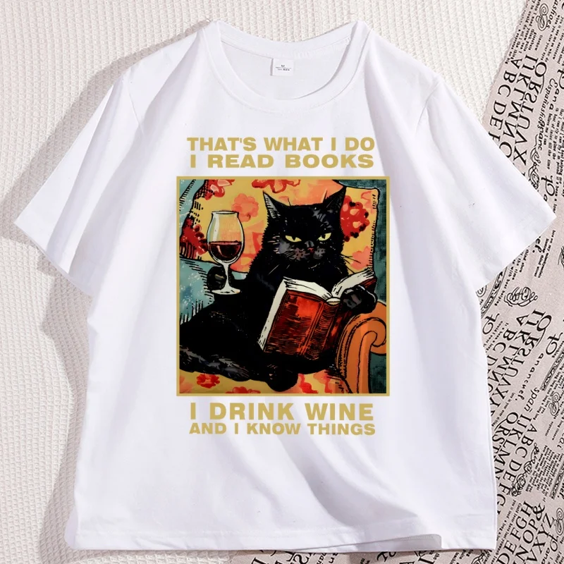 

Black Cat Reading Book Drinking Wine T Shirt Funny Cat Lover Graphic T Shirts Men's Cotton High Quality Y2k Clothes
