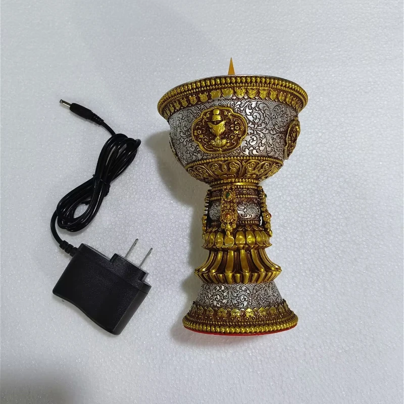 1pc Resin Rechargeable Candle Holder Tibetan Electronic Butter Lamp Buddhist Table Centerpiece Simulated Flame Home Decorative