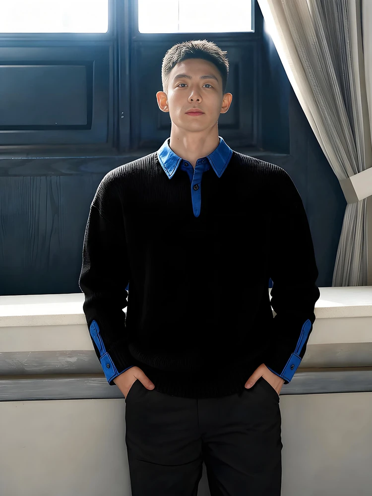 

Мягкий уютный мужской свитер из трикотажа в корейском стиле, имитация двухслойности, с воротником-рубашкой, длинный рукав, для весны