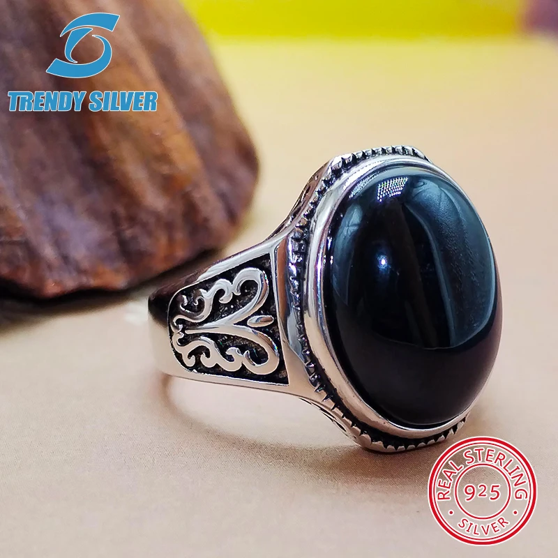 

luxury Mens Man rings real 925 sterling silver certified original jewelry for men natural gemstone black onyx stone ring male