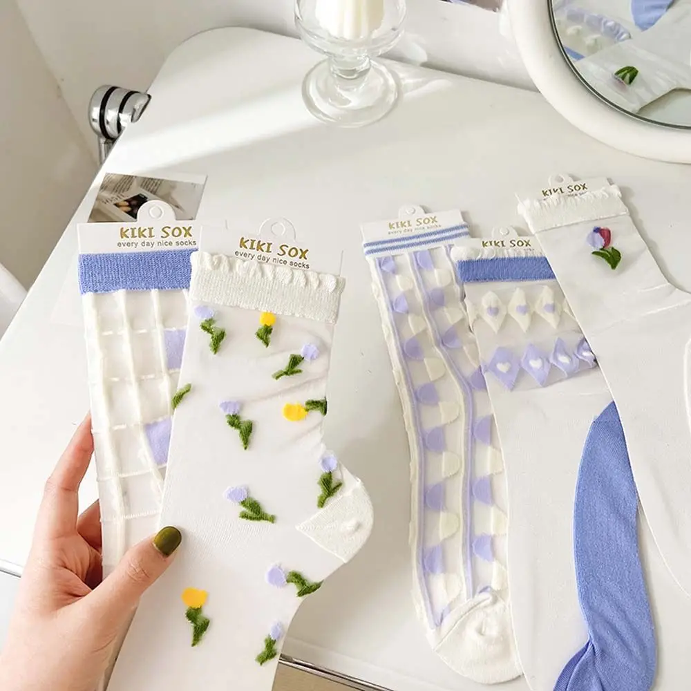 Chaussettes tulipes en maille respirante pour femmes, bonneterie coréenne, cristal Kawaii, broderie, fleur, tube