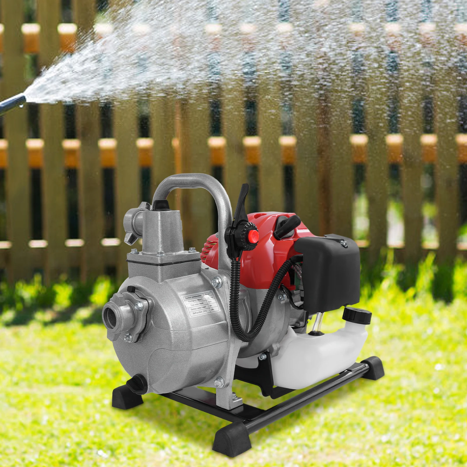 

43cc Gas Durable Water Pump with Filter System, Suction Portable Transfer Pump Manual Start for Garden Farm and Emergency Use