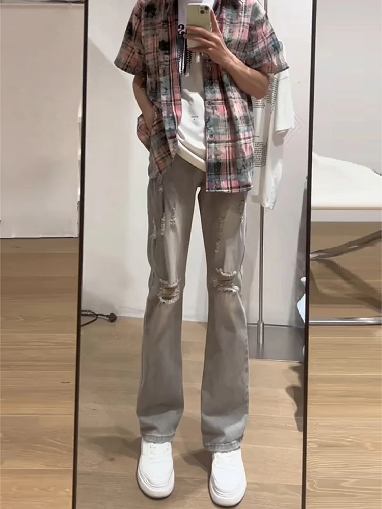 

Мужские летние тонкие джинсы-клеш в американском ретро-стиле, зауженные, с эффектом потертости, повседневные