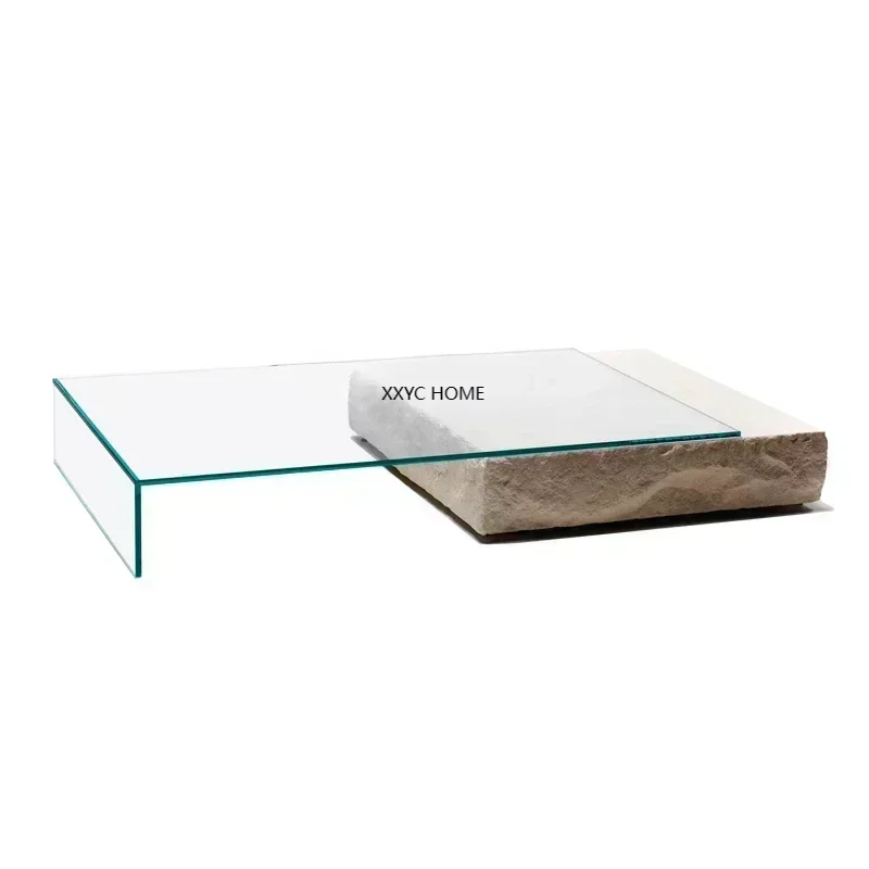 Mesa de centro Cave Stone de estilo italiano, de lujo ligero, con base de vidrio de diseño y combinación cuadrada creativa