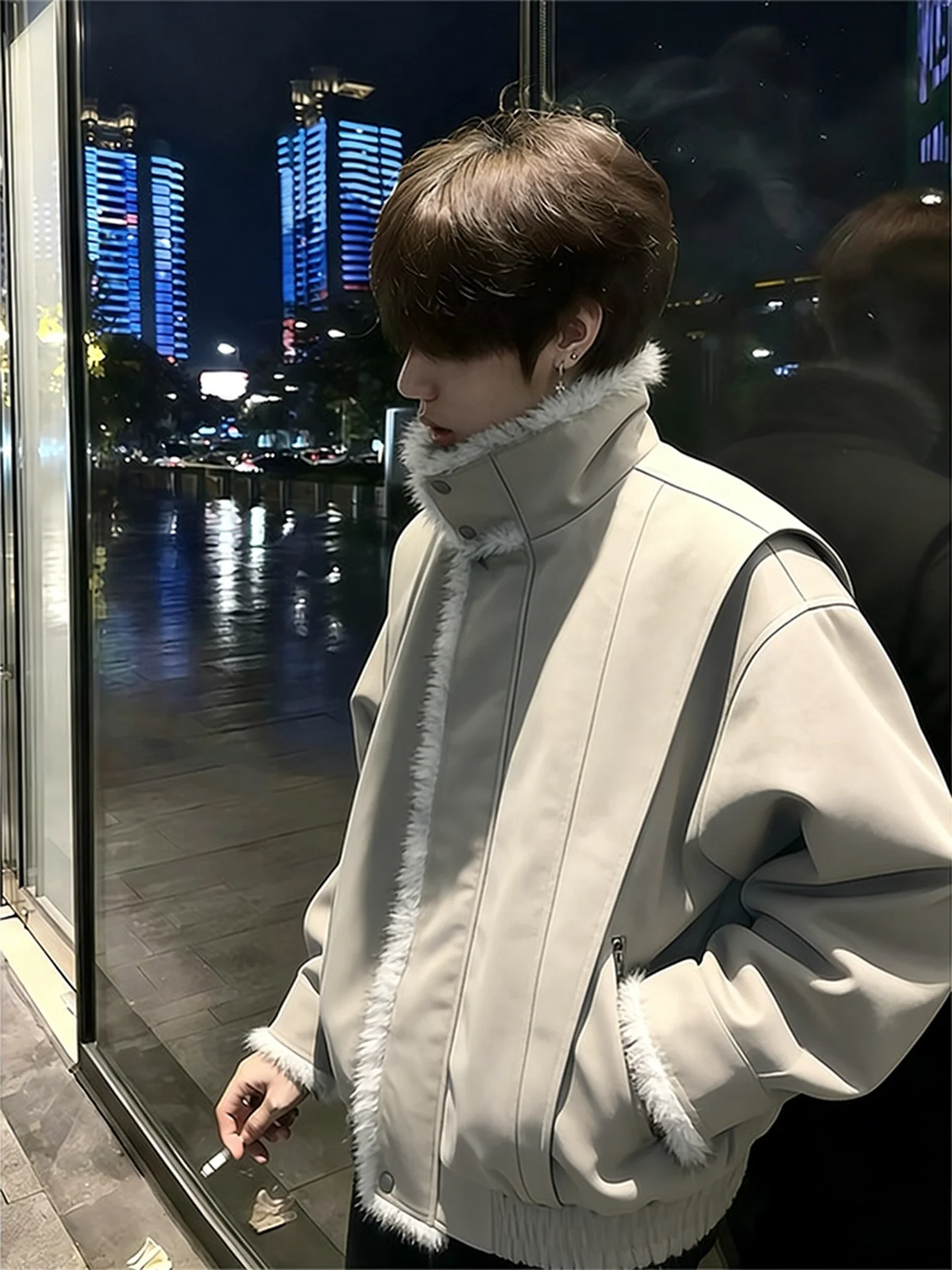 

American Deconstructed Shoulder PU Leather Cotton Jacket Men Winter Thickened Motorcycle Flight Jacket Cotton Clothes Harrier