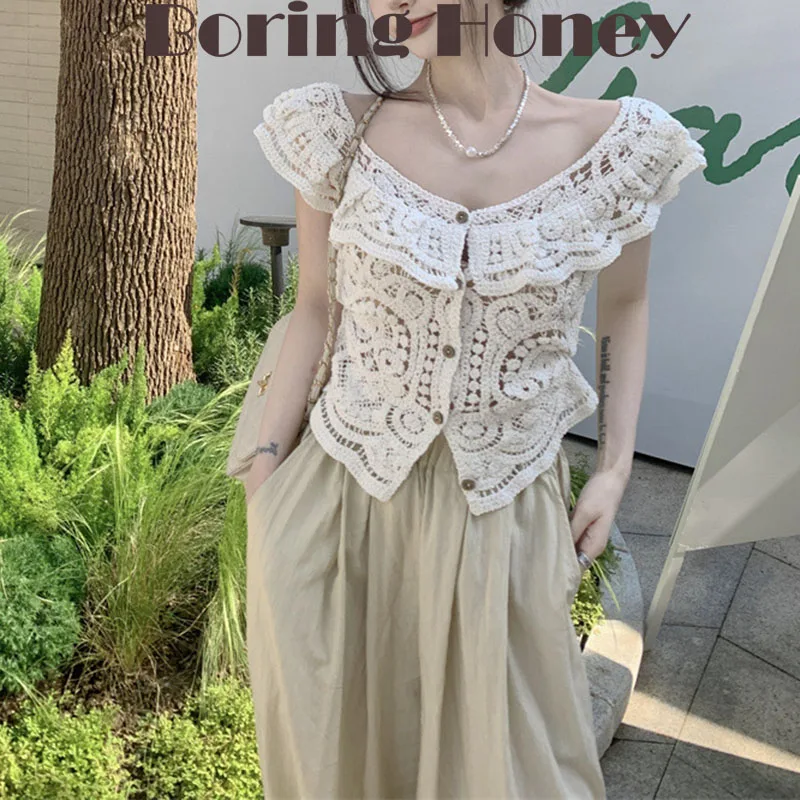 

Boring Honey-Sleeveless Tank Top Women, Solid Colors, Single-Breasted, Edible Tree Fungus, Clothing, Retro Hollow Out Crop Tops