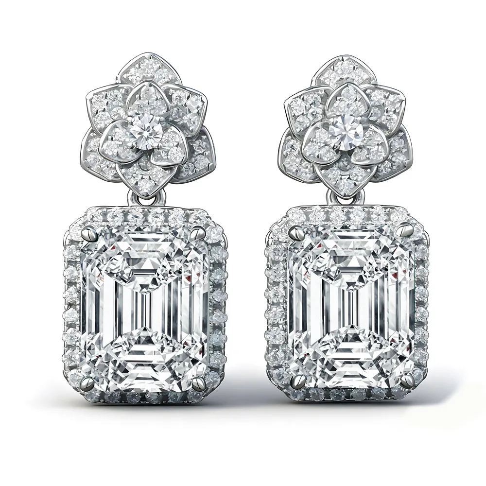 

S925 Rhodium Plated Silver 8CT D Color Moissanite 8x10mm Rectangle Camellia Flower Ear Studs for Women, Exquisite Jewelry